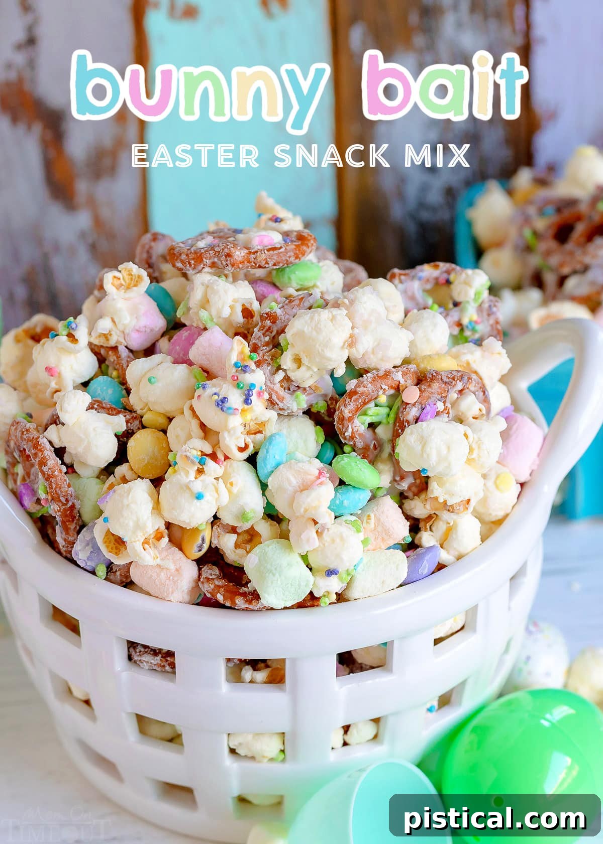 Spring Bunny Trail Mix 2 A beautifully arranged Easter snack mix in a white woven basket, highlighting its vibrant colors and festive appeal.