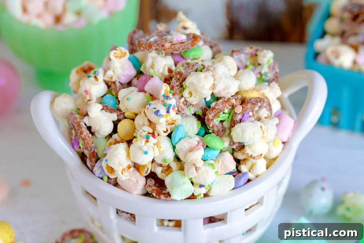 Spring Bunny Trail Mix 3 A close-up view of the Bunny Bait snack mix, showcasing colorful Easter sprinkles, mini marshmallows, and crunchy pretzels amidst the popcorn.