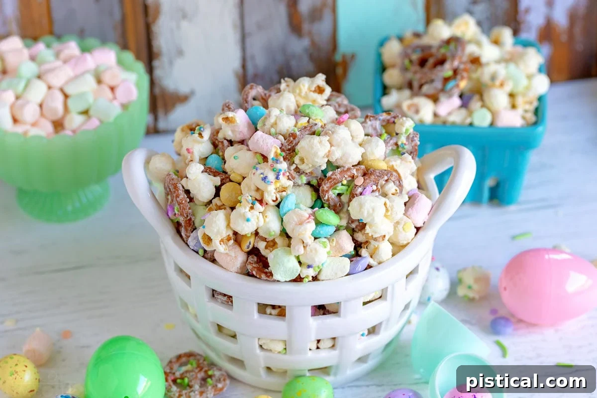 Spring Bunny Trail Mix 4 A generous serving of Easter snack mix, featuring a delightful blend of fluffy marshmallows, crisp popcorn, and savory pretzels, ready to be enjoyed.