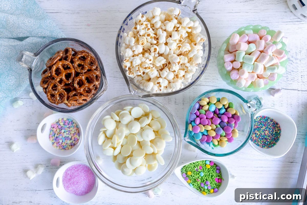 Spring Bunny Trail Mix 5 Individual ingredients for the Bunny Bait snack mix, meticulously measured and displayed in small bowls, ready for preparation.