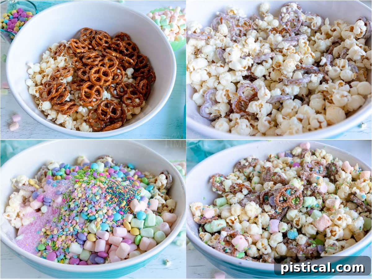 Spring Bunny Trail Mix 6 A four-image collage demonstrating the process of mixing ingredients for the Bunny Bait snack mix, from combining popcorn and pretzels to adding candy, marshmallows, and sprinkles.