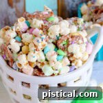 Easter snack mix in white basket with pretzels, marshmallows and popcorn.