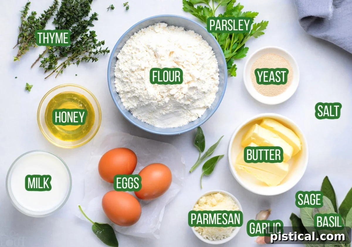 Garlic herb bread ingredients, including flour, milk, yeast, honey, eggs, butter, parmesan, minced garlic, and fresh herbs, neatly arranged in small bowls.