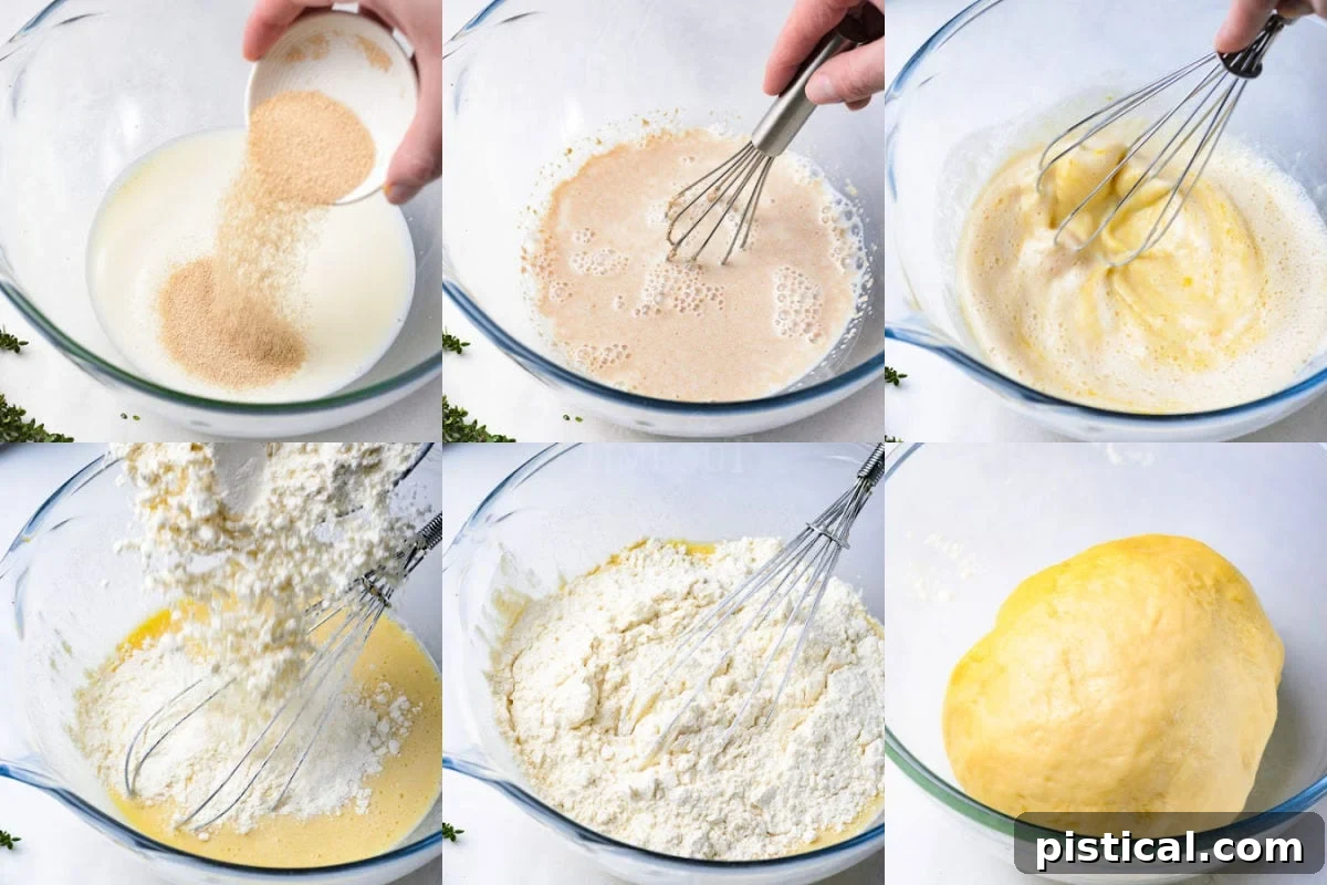 A six-image collage showing the step-by-step process of preparing the bread dough in a glass bowl, from combining ingredients to kneading and rising.
