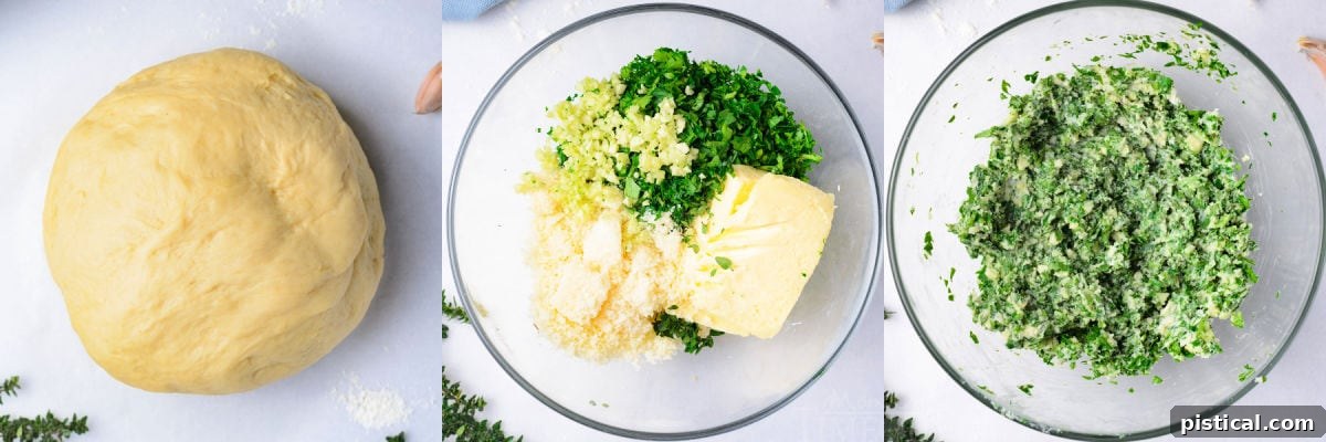 The savory garlic herb filling being mixed in a glass bowl, showcasing the vibrant green herbs and grated Parmesan cheese.