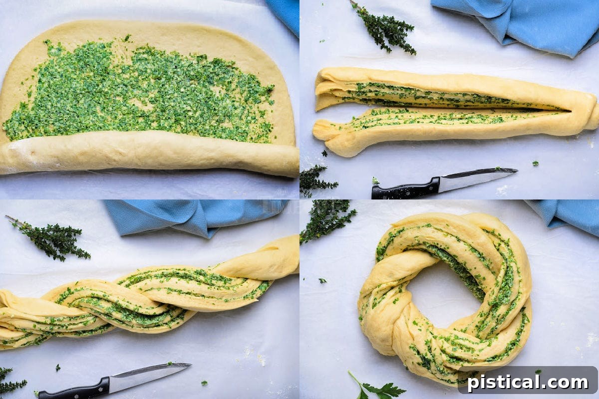A four-image collage demonstrating the process: spreading filling on dough, rolling the dough, cutting it lengthwise, and twisting it into a wreath shape.