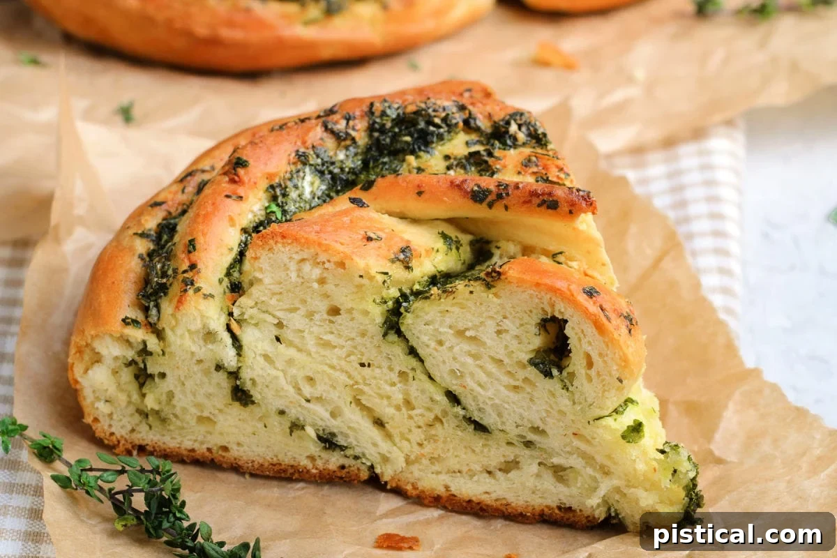 A freshly baked piece of garlic herb bread, golden and inviting, resting on brown parchment paper.