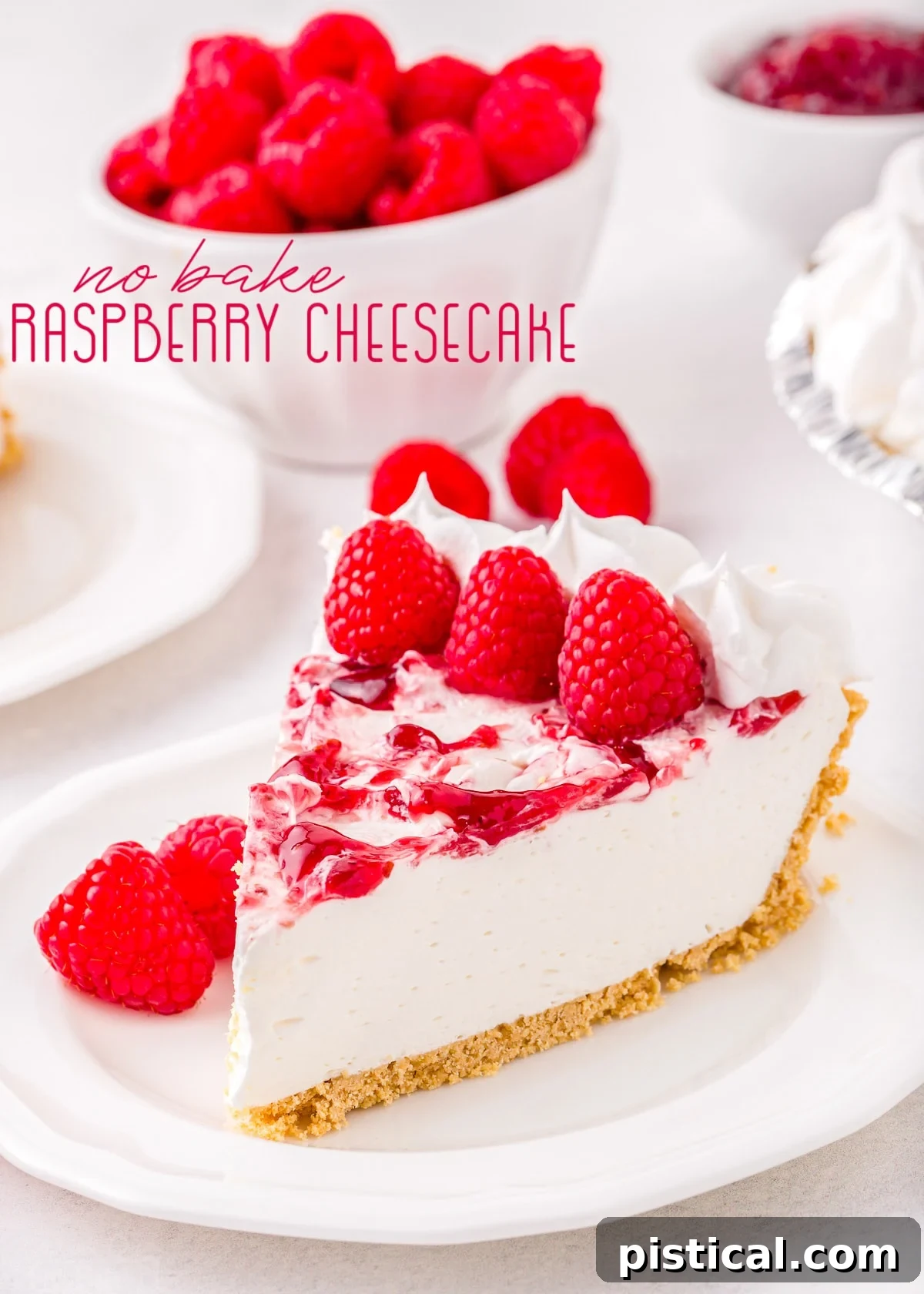 Refreshing Raspberry Cheesecake 2 A beautiful slice of No Bake Raspberry Cheesecake on a white plate, garnished with fresh raspberries, showcasing the vibrant raspberry swirl.