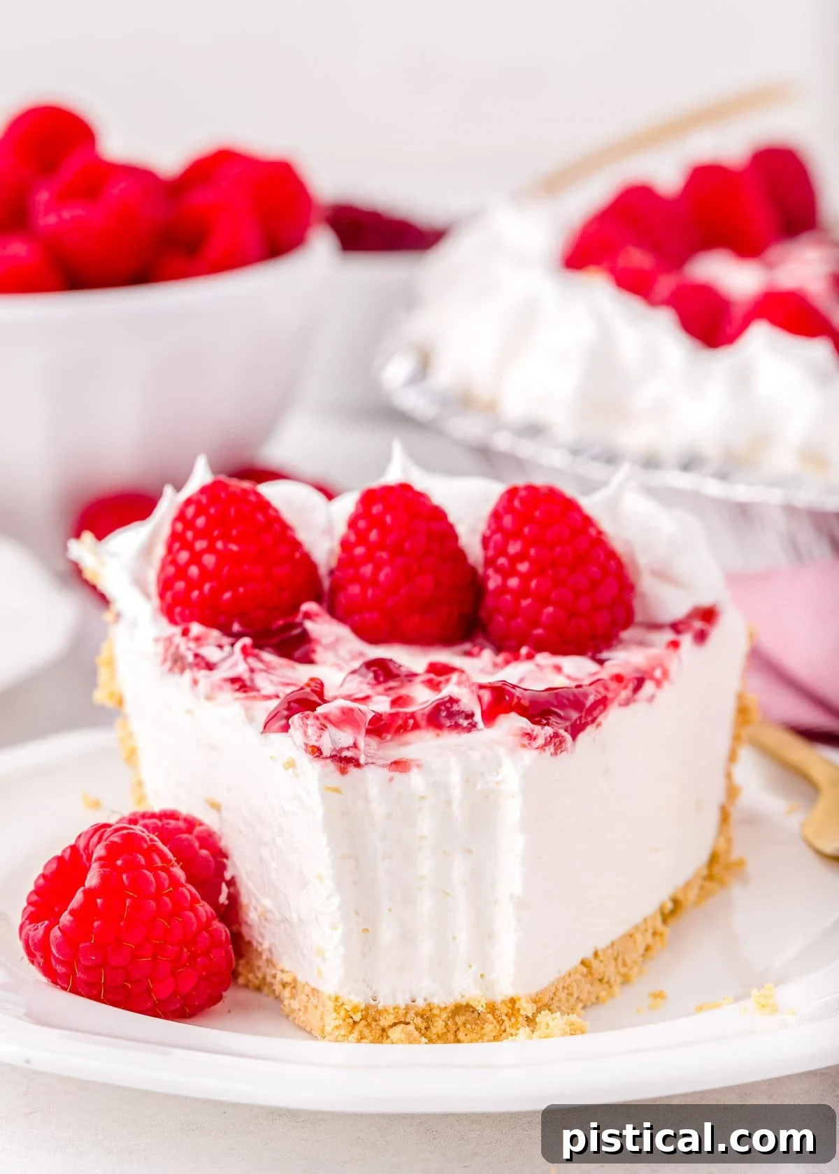 Refreshing Raspberry Cheesecake 3 A close-up shot of a slice of raspberry no-bake cheesecake with a bite taken, resting on a white plate and garnished with fresh raspberries.