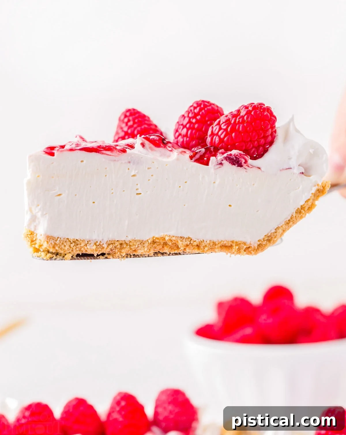 Refreshing Raspberry Cheesecake 4 A perfect slice of no-bake cheesecake with raspberry topping being held above the rest of the cake by a pie server.