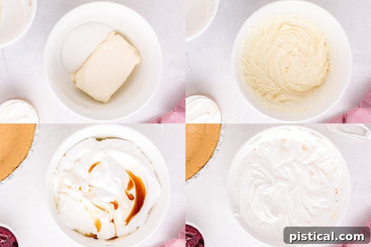 Refreshing Raspberry Cheesecake 6 A four-image collage demonstrating the process of making the no-bake cheesecake filling, showing various stages of mixing.