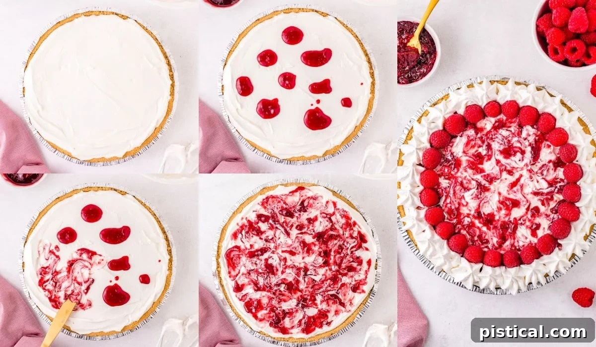 Refreshing Raspberry Cheesecake 7 A five-image collage showcasing the assembly and decoration process of the raspberry cheesecake.