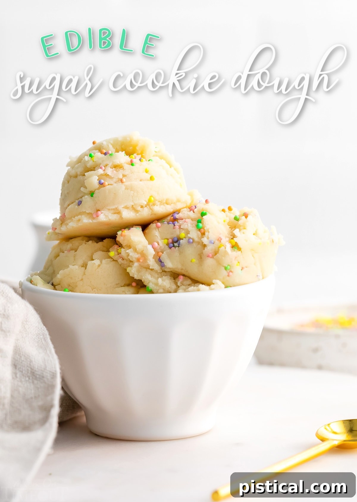 Ready-to-Eat Sugar Cookie Dough 2 Edible sugar cookie dough in a small white bowl with colorful sprinkles on top, featuring a title overlay for the recipe.