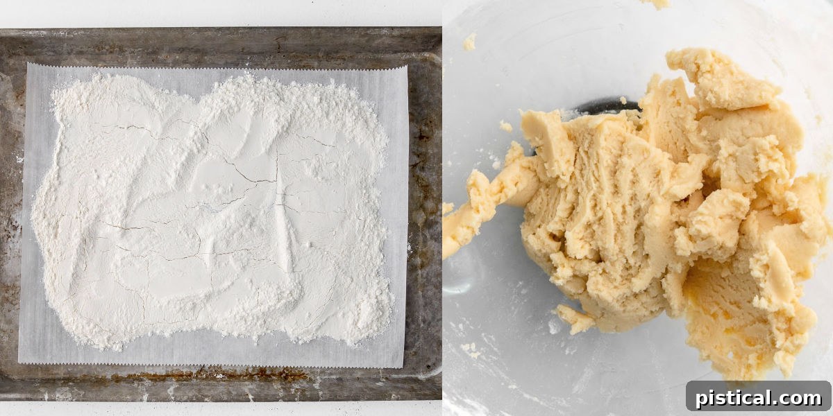 Ready-to-Eat Sugar Cookie Dough 5 A two-image collage showing flour spread on a baking sheet before being heat-treated, and the prepared sugar cookie dough in a mixing bowl.