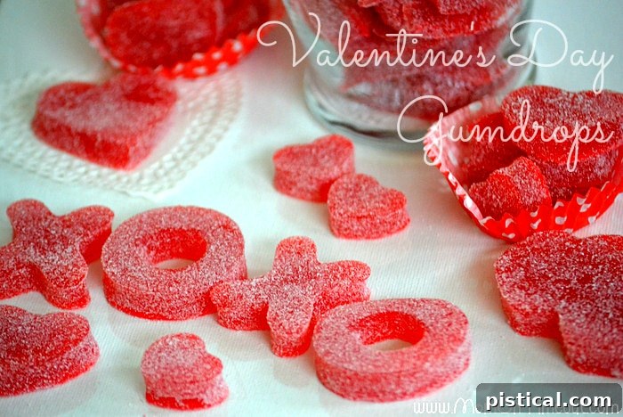 Assortment of homemade Valentine's Day gumdrops including X's and O's shapes, colorful and sweet.