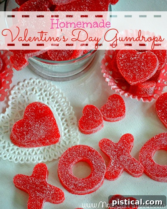 Close-up of vibrant homemade Valentine's Day gumdrops, showcasing their colorful and appealing texture.