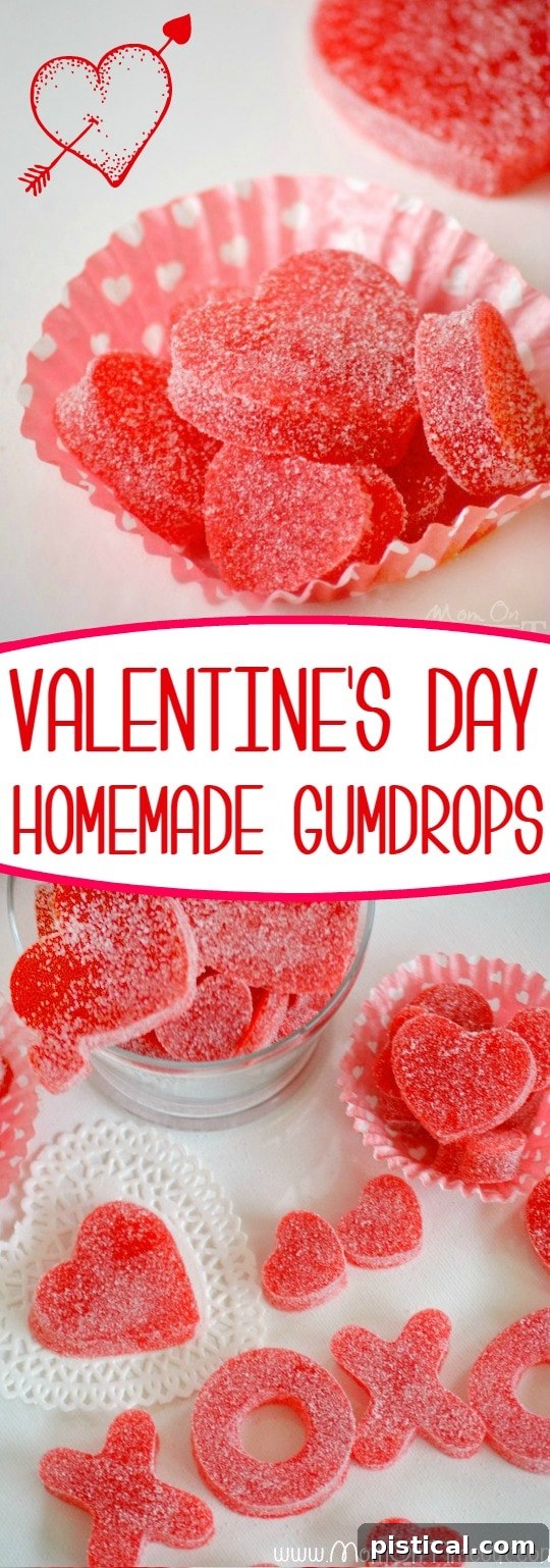 Vertical banner promoting homemade Valentine's Day gumdrops with applesauce and JELL-O, easy, delicious, and fun treat.