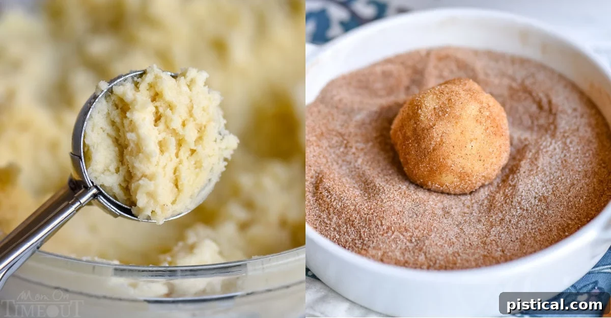 A two-image collage showing cookie dough being scooped with a cookie scoop and then rolled in a cinnamon sugar mixture.