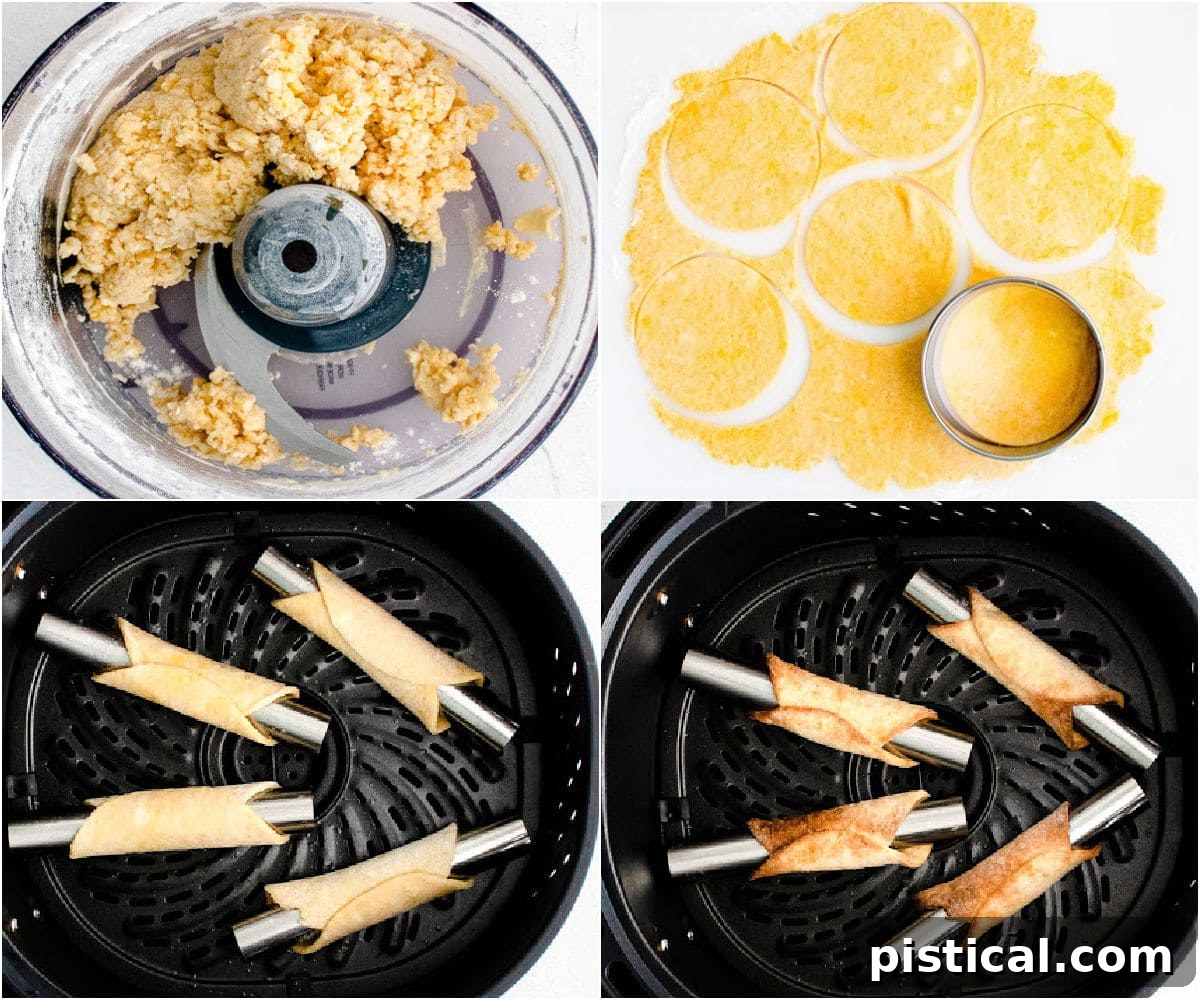 Four image collage showing how to make cannoli dough and air fry the shells.