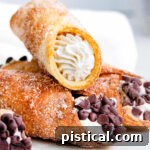Three cannolis sitting on white plate with cannoli filling and chocolate chips.