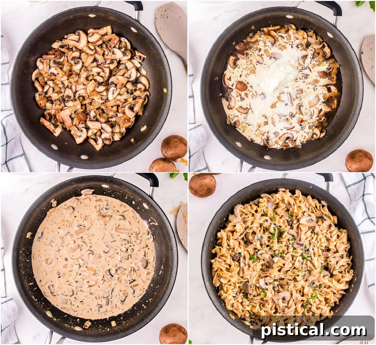 four image collage showing how to make mushroom stroganoff in a skillet.