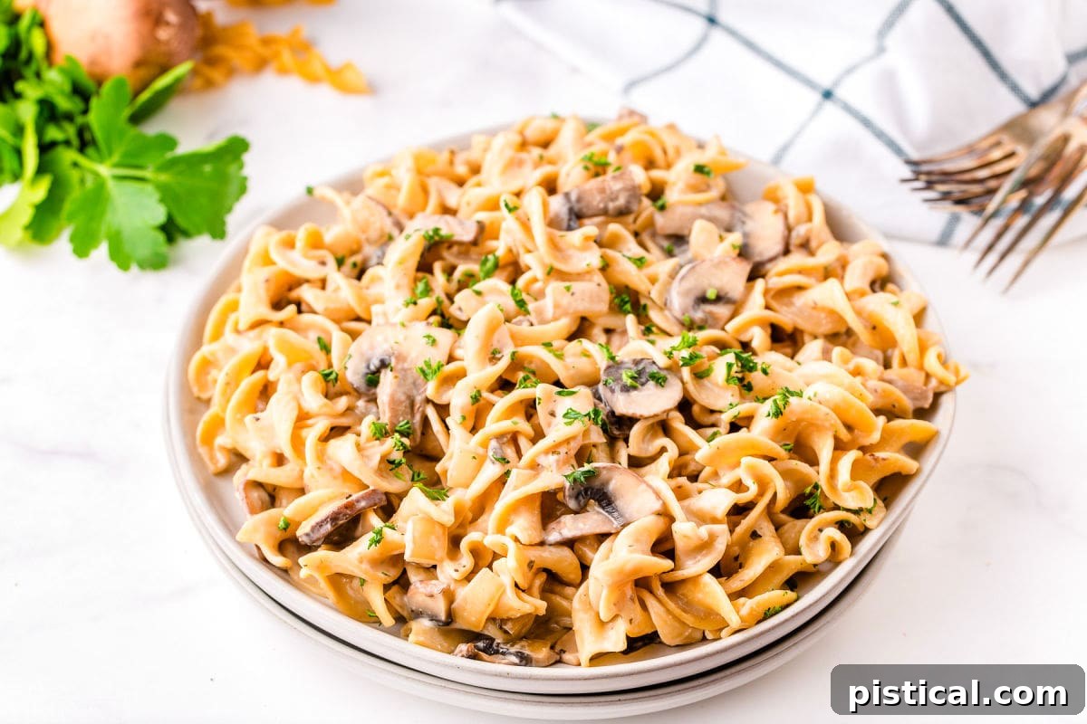 full plate of mushroom stroganoff garnished with parsley.