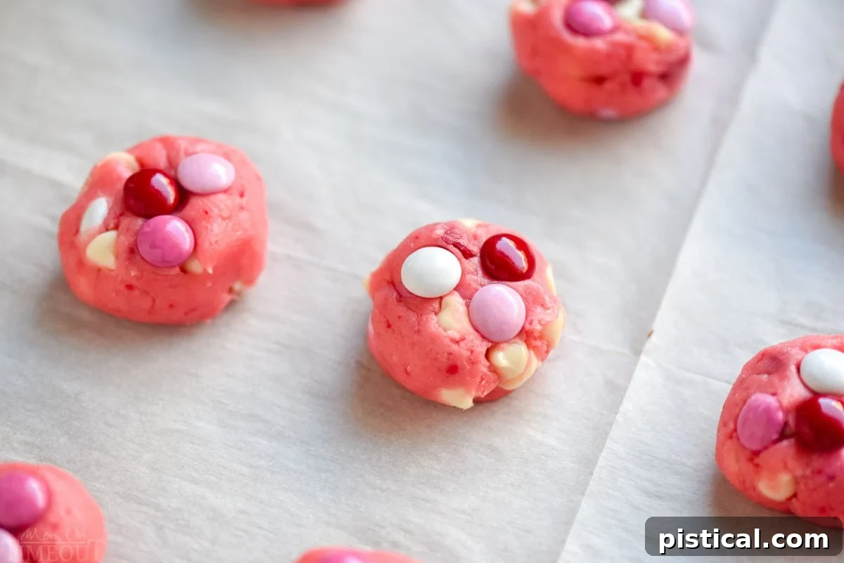 Portion-controlled cookie dough balls, generously topped with M&Ms, neatly arranged on a parchment-lined cookie sheet, ready for baking. The vibrant pink of the dough is clearly visible.