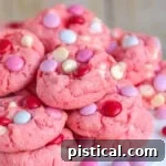 Strawberry cake mix cookies made with M&Ms and white chocolate chips, piled high on a white metal cake stand, ready to be served.