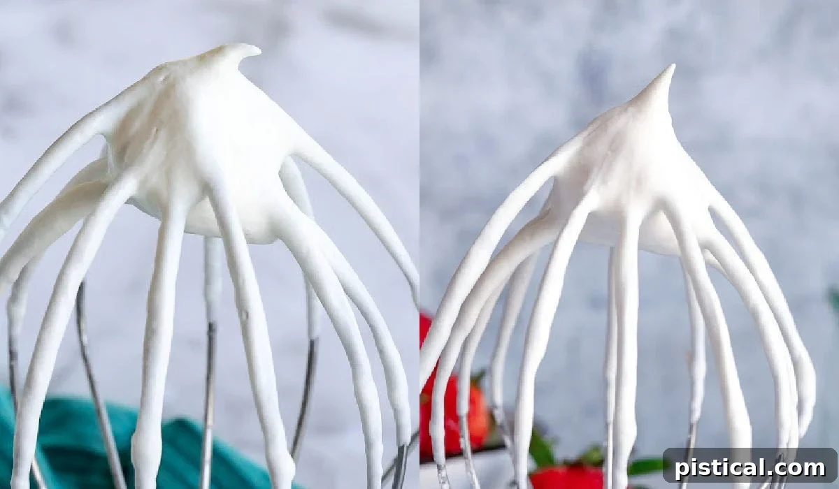 Two image collage showing the difference between medium and stiff peaks in whipped cream.