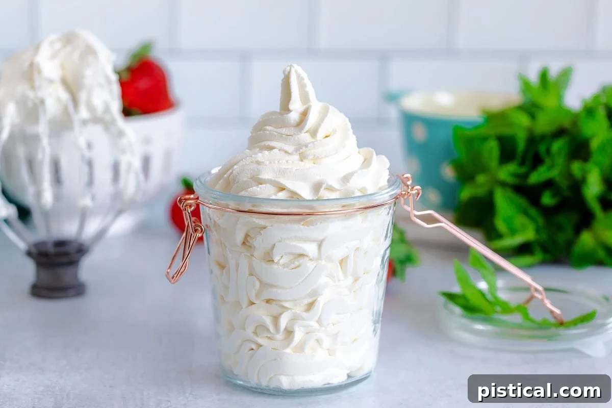 Whipped cream piped into a small glass jar with a lid, with mint and strawberries in the background.