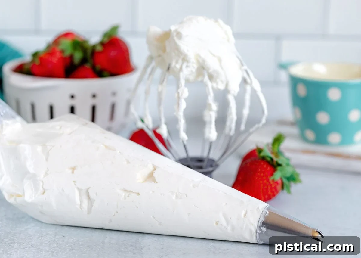 Whipped cream in a piping bag with a star tip and on a whisk attachment.