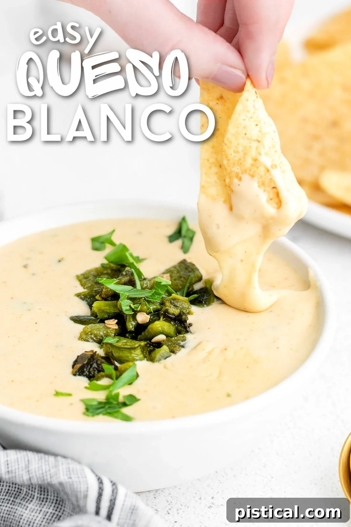 Crispy tortilla chip being dipped into a creamy, white queso blanco topped with charred poblano peppers and cilantro, set against a rustic background. The image evokes a sense of deliciousness and homemade comfort.
