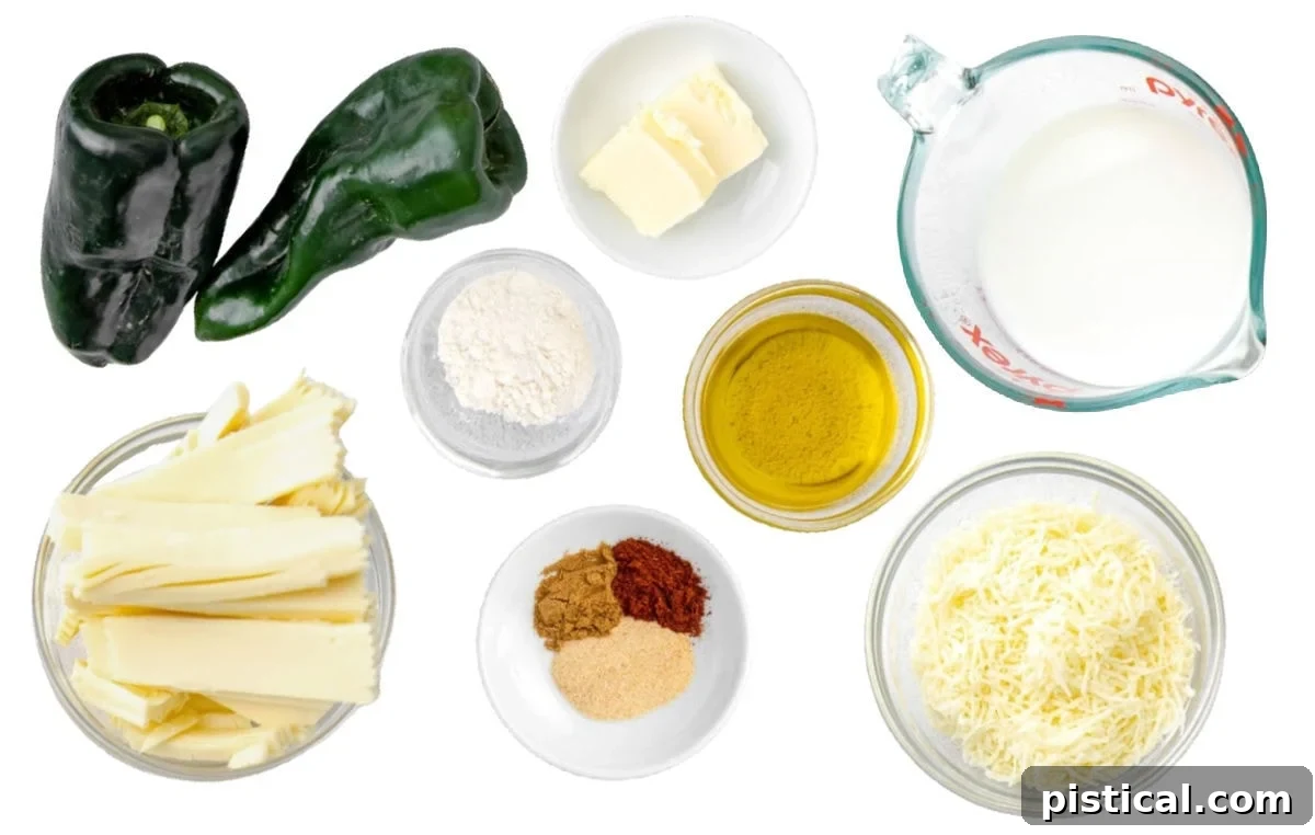 Individual bowls displaying the ingredients for Queso Blanco, including block cheeses, spices, butter, and milk, all neatly arranged on a wooden surface, ready for preparation.