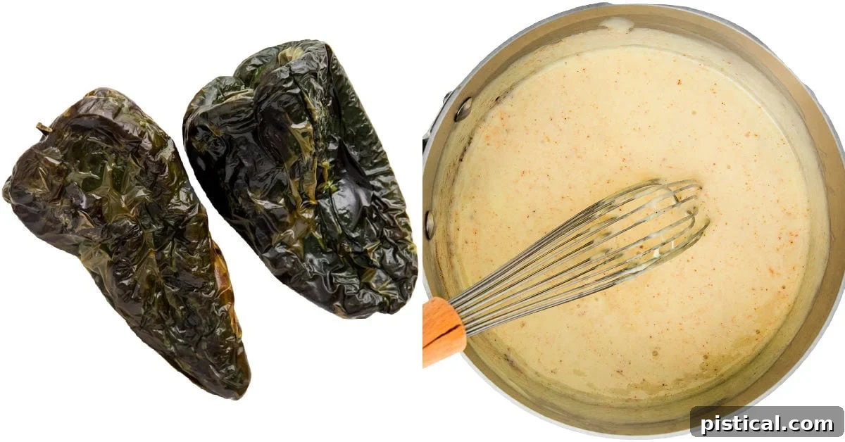 A saucepan filled with creamy queso dip, alongside a separate bowl of freshly charred and peeled poblano peppers, ready to be mixed in.