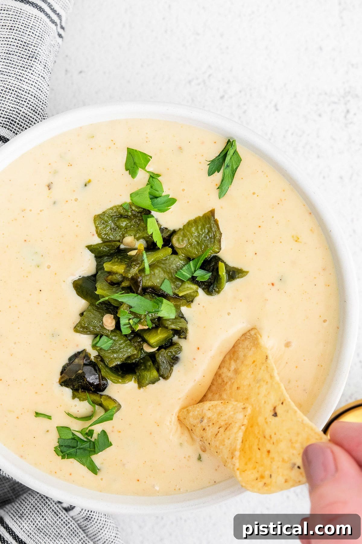A large white bowl of creamy white queso, with a crispy tortilla chip poised mid-dip. The background is softly blurred to emphasize the delicious appetizer.