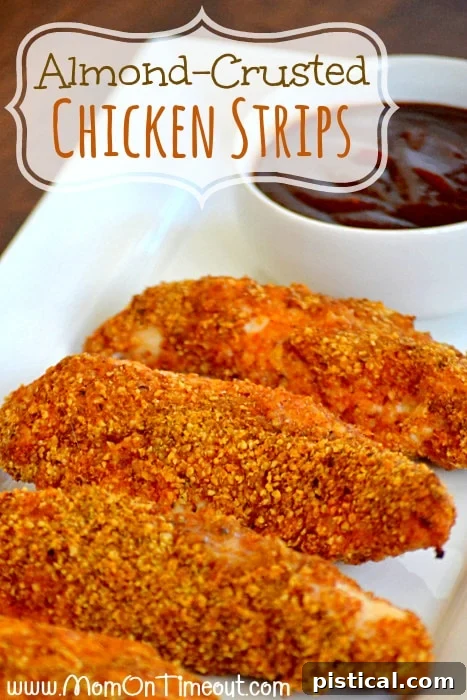 Almond-Crusted Chicken Strips - Healthy and Delicious Crispy baked almond crusted chicken strips served with dips