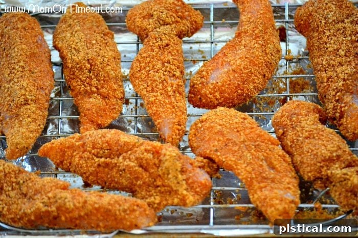 Golden Almond Chicken Tenders 2 Chicken tenders coated and ready to bake on a wire rack