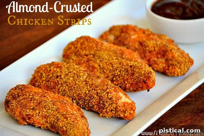 Heart-Healthy Almond-Crusted Chicken Strips Heart healthy almond crusted chicken tenders ready to serve