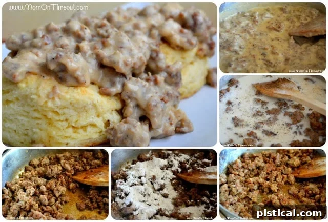A close-up shot of creamy sausage gravy simmering in a cast-iron skillet, ready to be served hot.