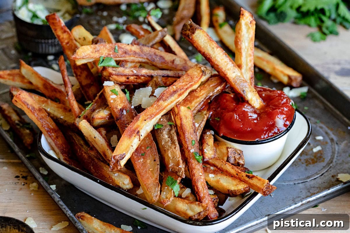 crispy oven fries sitting on white plate with small container of ketchup.