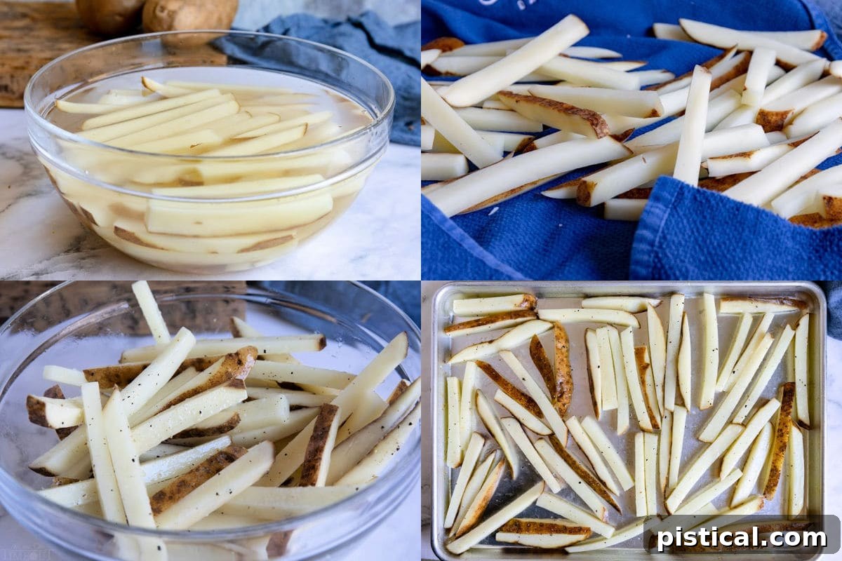 4 image collage showing how to make french fries in the oven.