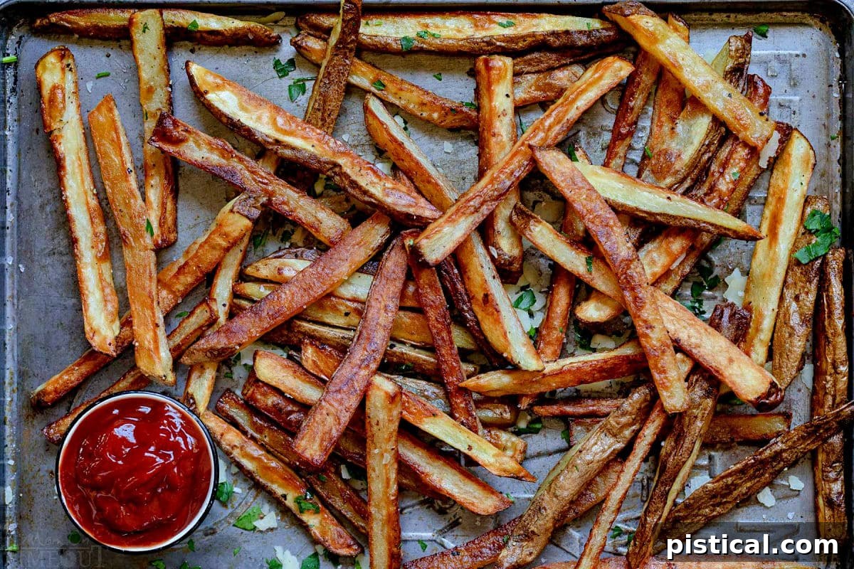 golden fries on baking sheet after being baked in the oven.