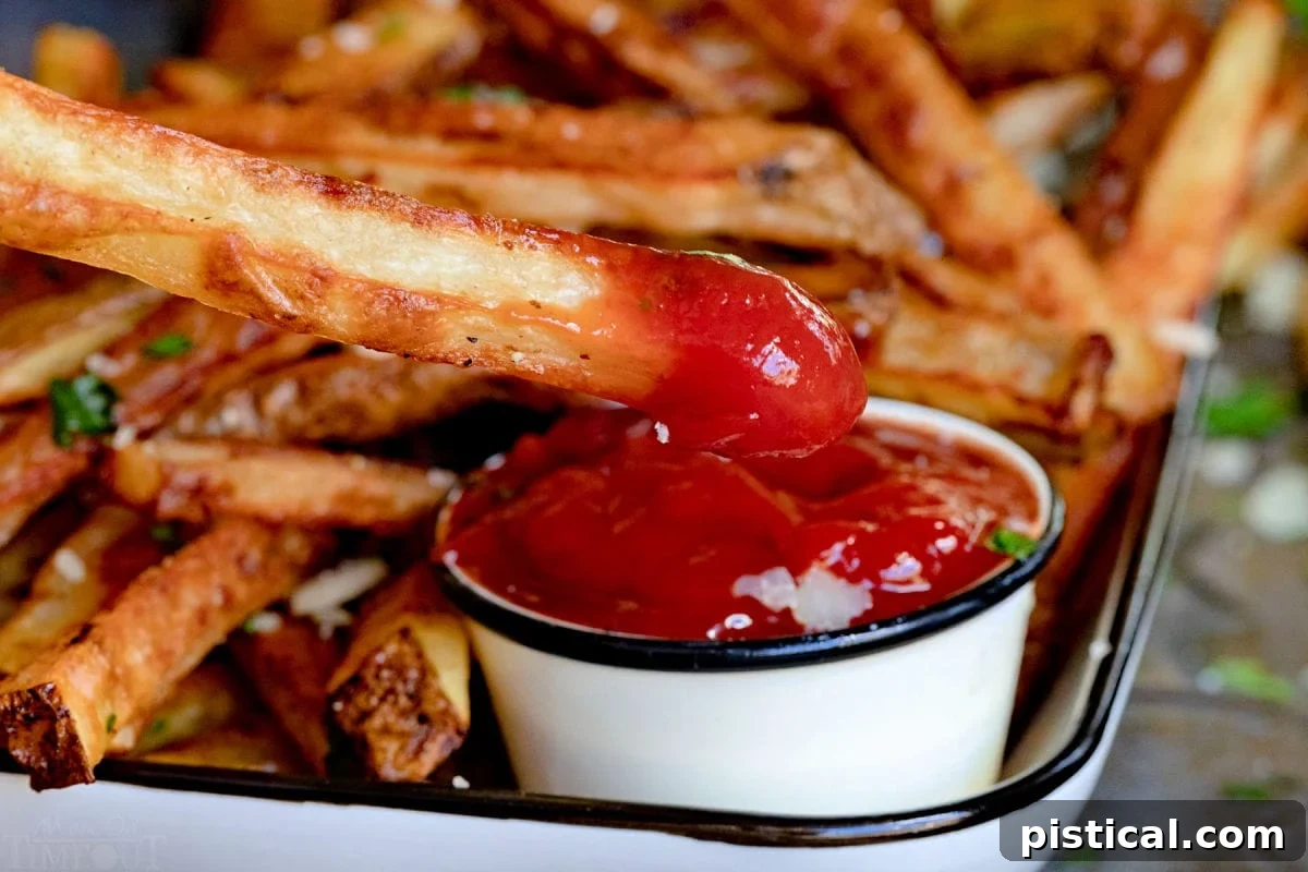 fry being dipped in ketchup.