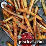 pile of oven fries on baking sheet with small bowl of ketchup.