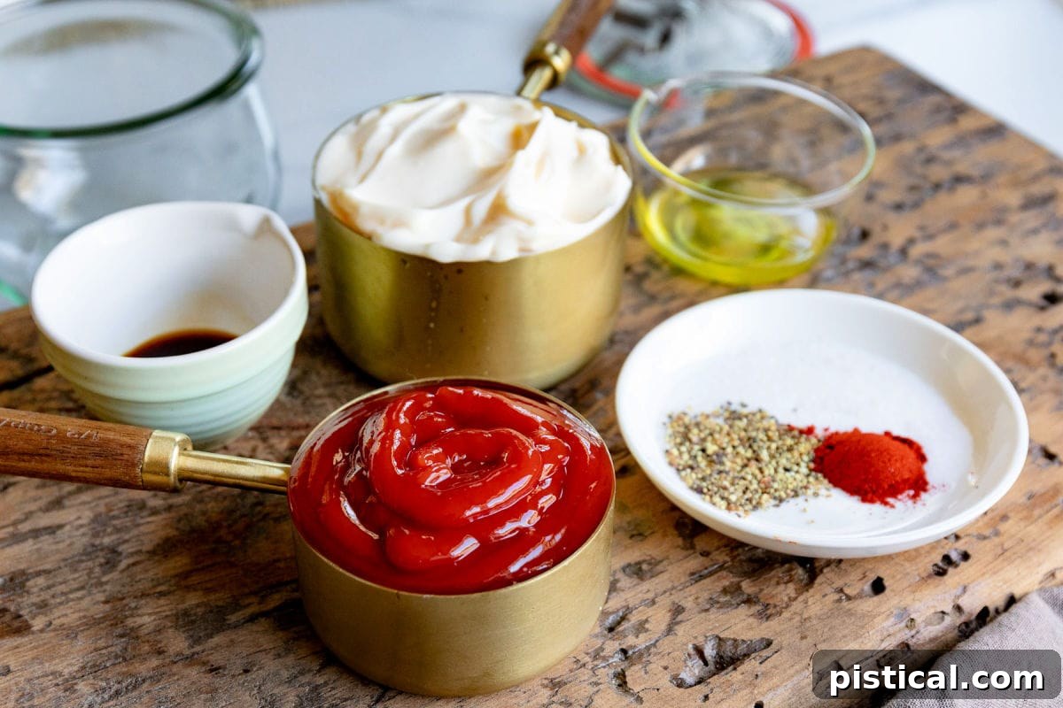 All seven ingredients for the Fry Sauce recipe, neatly measured out in individual bowls and ready for mixing.