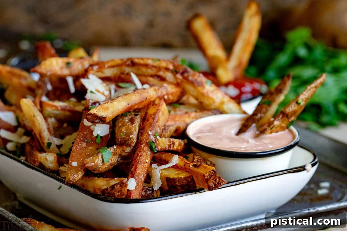 A wide-angle shot of a white dish brimming with crispy French fries, accompanied by a small bowl of Fry Sauce for dipping.