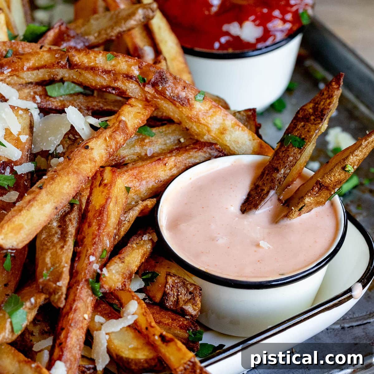 An overhead view of two French fries generously dunked into a bowl of Fry Sauce, resting on a plate filled with freshly baked oven fries.