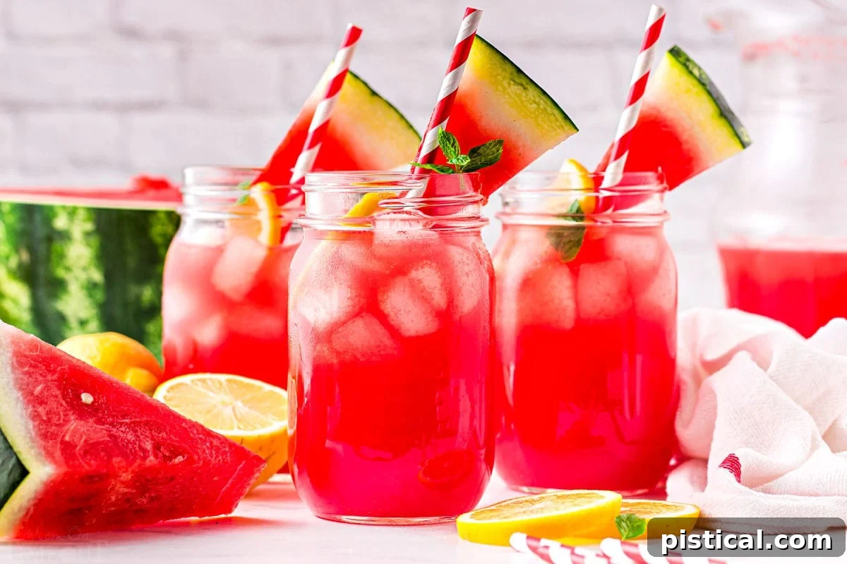 Three large glass canning jars brimming with freshly made watermelon lemonade, each topped with a wedge of watermelon and a sprig of fresh mint.