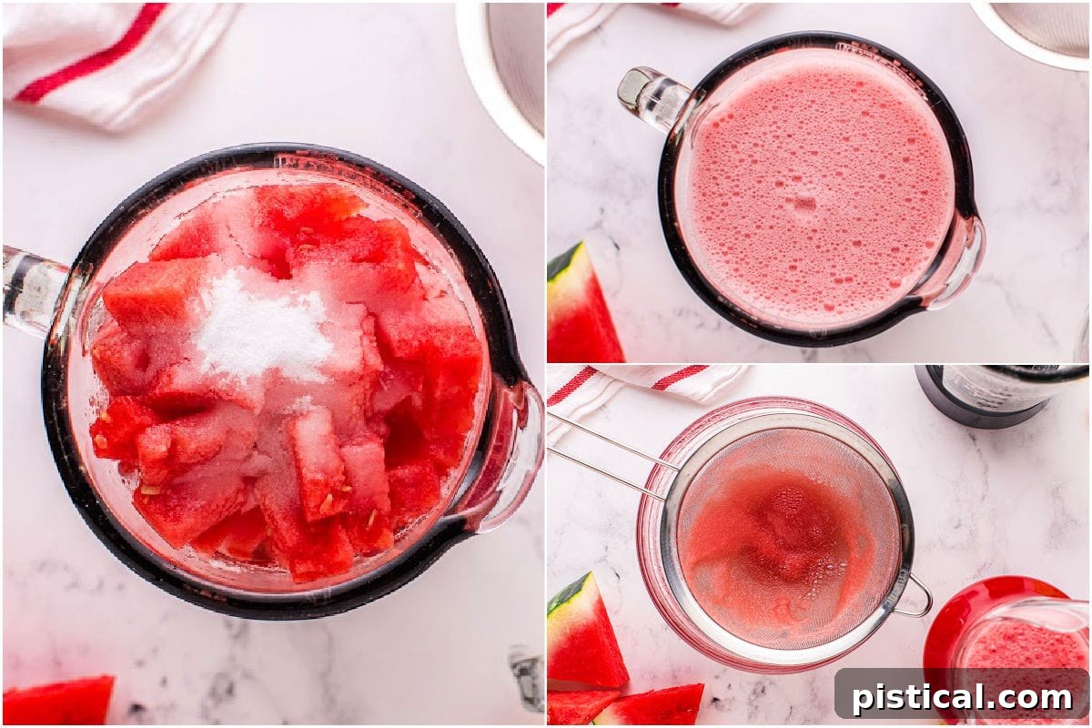 A three-image collage visually demonstrating the easy preparation steps of watermelon lemonade: blending ingredients, straining the juice, and mixing in citrus.