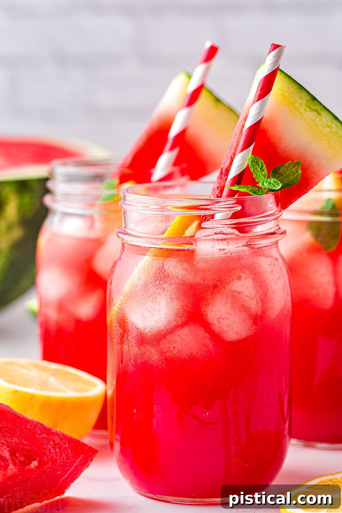 Close-up of watermelon lemonade served in glasses with striped straws, garnished with fresh watermelon slices, highlighting its vibrant color and refreshing appeal.